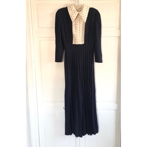 Navy Pleated Dress with Polka Dot Details, Womens Size XS - Picture 2 of 5